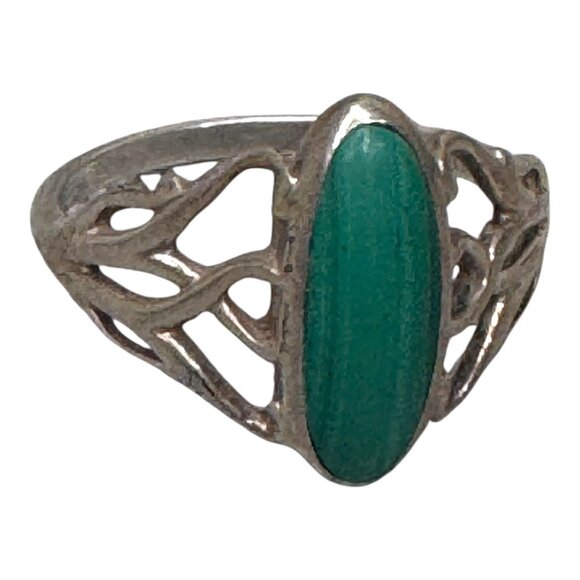 Vintage Malachite Oval Interlocking Hearts Sterling Silver Ring Abstract Sz 6.5 - Picture 6 of 9